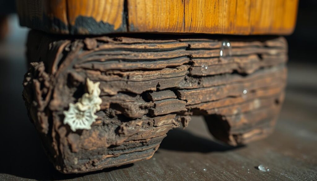 A close-up view of wood rot on the base of an old, weathered furniture leg. The foreground showcases the damaged wood with deep, dark cavities and patches of white fungal growth, highlighting the texture and decay. The middle layer features the aged wood grain, with splintered fibers and an uneven surface, emphasizing the deterioration. In the background, softly blurred, there is a faint hint of humidity, with droplets of water glistening, suggesting moisture presence. The lighting is soft and natural, casting gentle shadows that accentuate the depth of the rot. The atmosphere is somber yet educational, capturing the essence of wood rot and its impact on furniture durability.