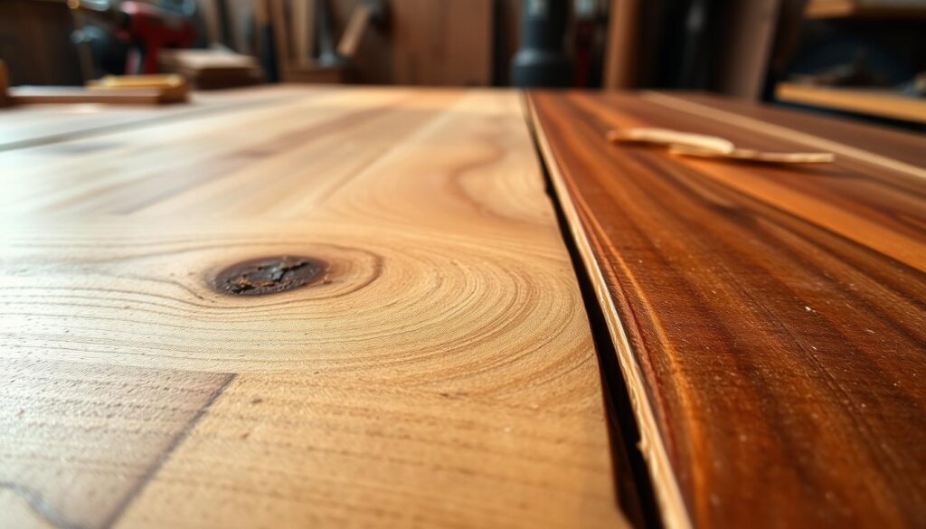 A close-up view of wooden seams and joints, showcasing a variety of textures and finishes on a hardwood surface. In the foreground, highlight a prominent seam with slight color variations and grain patterns, emphasizing the imperfections and transitions between different wood pieces. The middle ground features a mix of polished and raw wood areas, illustrating contrast. Soft, natural lighting creates gentle shadows, giving depth to the wood textures. The background includes blurred hints of a well-lit workshop, with tools and wood shavings subtly visible, enhancing the craftsmanship atmosphere. The image should evoke a sense of curiosity and craftsmanship, focusing on the beauty of wood while understanding how seams can disrupt a seamless aesthetic.
