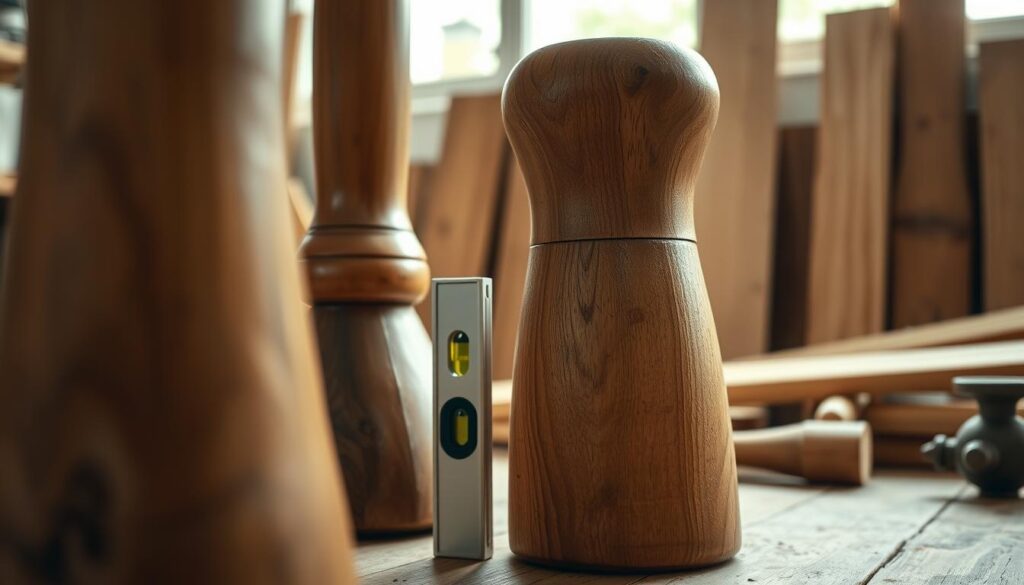 A close-up view of wooden table legs in various shapes and sizes, demonstrating unevenness and wobbliness. The foreground features a detailed shot of a thick, rustic wooden leg with visible grain, contrasting with a slender, slightly warped leg beside it. In the middle ground, a level tool is placed adjacent to the legs, highlighting the need for adjustment. The background is softly blurred, creating a cozy workshop atmosphere with wooden planks and tools subtly hinted at. Natural light streams in from a nearby window, casting gentle shadows that enhance the textures and imperfections of the wood. The overall mood is practical and focused, reflecting the theme of assessing and diagnosing furniture stability issues. A close-up view of wooden table legs in various shapes and sizes, demonstrating unevenness and wobbliness. The foreground features a detailed shot of a thick, rustic wooden leg with visible grain, contrasting with a slender, slightly warped leg beside it. In the middle ground, a level tool is placed adjacent to the legs, highlighting the need for adjustment. The background is softly blurred, creating a cozy workshop atmosphere with wooden planks and tools subtly hinted at. Natural light streams in from a nearby window, casting gentle shadows that enhance the textures and imperfections of the wood. The overall mood is practical and focused, reflecting the theme of assessing and diagnosing furniture stability issues.