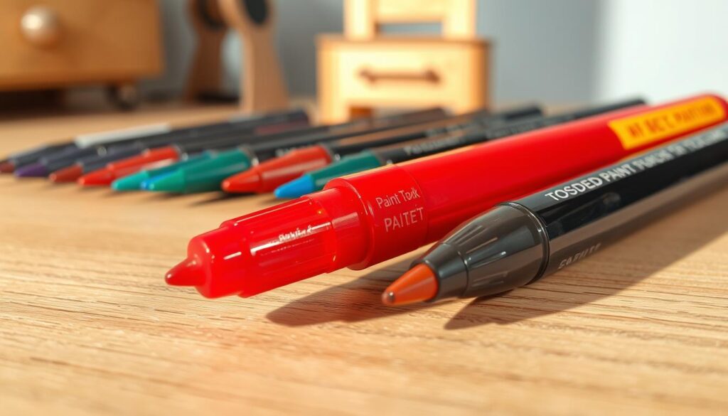 A collection of paint pens arranged on a clean, wooden surface, showcasing various colors and tip sizes ideal for wood touch-ups. In the foreground, focus on a vibrant red paint pen with a fine tip, glistening slightly under soft, natural lighting that creates subtle reflections on the wood. The middle ground features more paint pens with different colors, demonstrating a range of options for various scratches and surfaces. In the blurred background, a small, lightly scratched wooden furniture piece hints at the practical use of these tools. The overall atmosphere is one of creativity and precision, evoking a sense of craftsmanship. Use a shallow depth of field to emphasize the paint pens while softly fading the background.