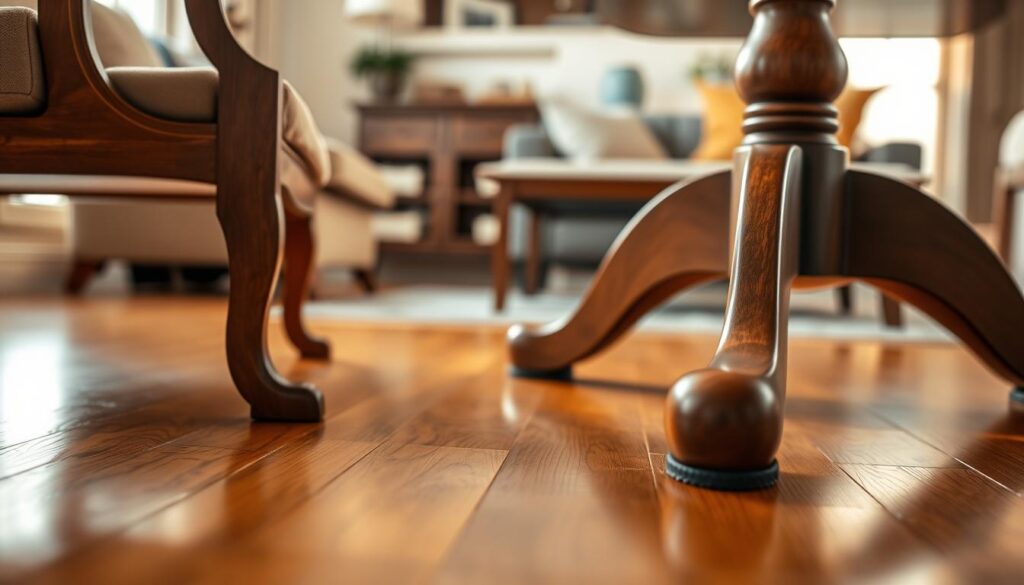 A cozy interior scene featuring elegantly designed wooden furniture, specifically a chair and a table, with felt pads discreetly attached to their feet. In the foreground, focus on the furniture feet with the felt pads clearly visible, showcasing their protective qualities. The middle ground includes a beautifully polished wooden floor, reflecting warm natural light that filters through a nearby window. In the background, soft, blurred details of a stylish living room with subtle decor enhance the ambiance without drawing attention from the main subject. The overall atmosphere is warm and inviting, emphasizing care and protection for valuable furniture. Use soft lighting to highlight the textures of the felt pads and wood, creating a serene and protective mood, ideal for illustrating this practical aspect of furniture maintenance.