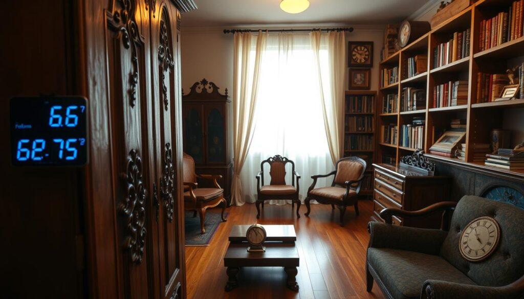 A cozy interior scene showcasing a climate-controlled room designed for preserving heirloom wood pieces. In the foreground, a vintage wooden cabinet with intricate carvings is showcased, with a digital thermometer display visible nearby, indicating the ideal temperature range of 60-75°F. In the middle ground, light filters through sheer curtains, softly illuminating a collection of heirloom furniture artfully arranged on polished hardwood flooring. A hygrometer rests on a nearby table, emphasizing moisture balance. The background features shelves filled with books on woodworking and preservation techniques. The lighting is warm and inviting, creating a serene and professional atmosphere, captured from a slightly elevated angle to give a comprehensive view of the room's details while highlighting the importance of temperature control in wood preservation. A cozy interior scene showcasing a climate-controlled room designed for preserving heirloom wood pieces. In the foreground, a vintage wooden cabinet with intricate carvings is showcased, with a digital thermometer display visible nearby, indicating the ideal temperature range of 60-75°F. In the middle ground, light filters through sheer curtains, softly illuminating a collection of heirloom furniture artfully arranged on polished hardwood flooring. A hygrometer rests on a nearby table, emphasizing moisture balance. The background features shelves filled with books on woodworking and preservation techniques. The lighting is warm and inviting, creating a serene and professional atmosphere, captured from a slightly elevated angle to give a comprehensive view of the room's details while highlighting the importance of temperature control in wood preservation.