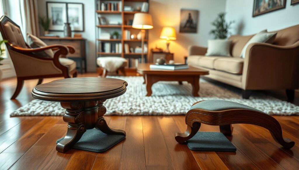 A cozy living room featuring a beautiful wooden coffee table and elegant dining chairs, showcasing rich textures of polished wood to highlight their vulnerability to scuffing. In the foreground, focus on a pair of stylish, non-marking furniture pads under the chair legs, demonstrating preventative measures. In the middle, a plush area rug adds warmth, while a classic floor lamp casts soft, inviting light that creates a welcoming atmosphere. The background should include a bookshelf filled with decor and books, emphasizing a well-designed space. Capture the scene with a warm color palette, ensuring the mood feels both protective and inviting, with a shallow depth of field that gently blurs the background to draw attention to the furniture and its protective features. A cozy living room featuring a beautiful wooden coffee table and elegant dining chairs, showcasing rich textures of polished wood to highlight their vulnerability to scuffing. In the foreground, focus on a pair of stylish, non-marking furniture pads under the chair legs, demonstrating preventative measures. In the middle, a plush area rug adds warmth, while a classic floor lamp casts soft, inviting light that creates a welcoming atmosphere. The background should include a bookshelf filled with decor and books, emphasizing a well-designed space. Capture the scene with a warm color palette, ensuring the mood feels both protective and inviting, with a shallow depth of field that gently blurs the background to draw attention to the furniture and its protective features.