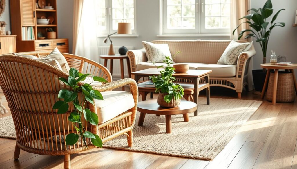 A cozy living room scene showcasing a beautifully arranged rattan and wood furniture set. In the foreground, a stylish rattan chair with soft beige cushions and a dark wooden coffee table adorned with fresh green plants. The middle ground features a light-colored rattan sofa, complemented by a rustic wooden side table and a woven rug underneath, creating a warm, inviting atmosphere. In the background, softly lit windows allow natural light to filter in, illuminating the textures of the furniture and casting gentle shadows. The mood is serene and harmonious, ideal for showcasing why gentle cleaning approaches are essential for mixed wood and rattan elements. The overall composition should evoke comfort and elegance, with a focus on the furniture materials.