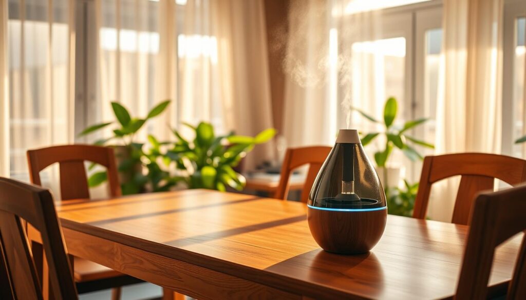 A cozy, sunlit living room showcasing a beautifully crafted wooden table surrounded by chairs. In the foreground, a stylish, modern humidifier sits on the table, gently emitting a soft mist that glimmers in the light. The middle ground features lush, green potted plants that thrive in the balanced humidity, complementing the warm wooden tones of the furniture. In the background, large windows with sheer curtains let in soft, natural daylight, illuminating the space and creating a tranquil atmosphere. The lighting is warm and inviting, evoking a sense of comfort and care for the wooden furniture. The overall mood conveys the importance of maintaining ideal humidity levels for wood preservation, making the space feel alive and harmonious.