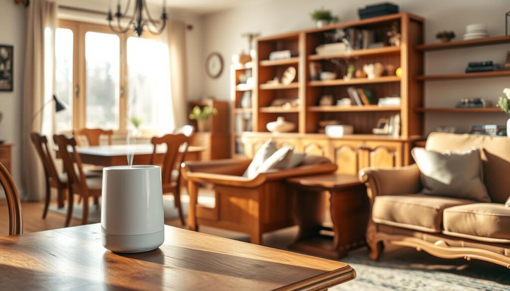 A cozy, well-lit living room showcasing a beautiful collection of wooden furniture, including a polished dining table and elegant armchairs. In the foreground, a small, modern humidifier emits a gentle mist, suggesting a solution to winter dryness. The middle of the scene displays a few pieces of wood furniture showing slight warping or cracking, highlighting the effects of low humidity. Soft, natural daylight filters through a nearby window, casting warm, inviting shadows. The background features wooden shelves adorned with books and decorative items, enhancing the homely atmosphere. Aim for a close-up angle that captures both the humidifier and the distressed furniture, evoking a sense of urgency and care for wood preservation during winter months.
