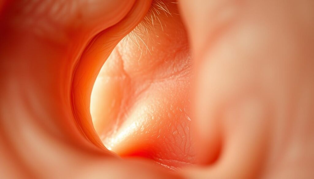 A detailed close-up of an ear canal, showcasing intricate textures and organic shapes. The foreground focuses on the curved entrance of the canal, revealing a gentle play of light and shadow that highlights the natural contours and waxy buildup. In the middle ground, soft skin tones provide a warm contrast, with subtle details of fine hair and skin texture. The background remains slightly blurred, emphasizing the ear canal while hinting at a clinical setting. The lighting is soft but focused, mimicking natural daylight, creating a serene and informative atmosphere. The composition captures a sense of curiosity and fascination, inviting viewers to explore the biological structure in depth.