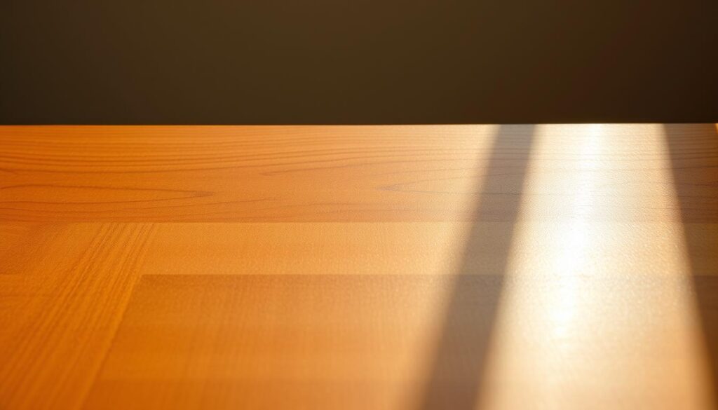 A detailed close-up view of a wooden surface showcasing three distinct clear coat finishes: matte, satin, and glossy. In the foreground, vivid textures of the wood grain are highlighted, with the matte finish appearing soft and smooth, the satin finish reflecting a gentle sheen, and the glossy finish sparkling with a high shine. The middle section features soft diffused natural light, creating a warm and inviting atmosphere while casting subtle shadows that emphasize the differences in sheen. The background consists of a muted, neutral color to draw focus to the wood finishes. The angle is slightly above the surface, giving a clear perspective on how each finish alters the perception of the wood. Overall mood conveys elegance and sophistication, ideal for a discussion on finishes.