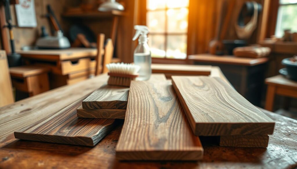 A detailed composition showcasing a variety of wood surfaces in a realistic setting. In the foreground, feature distinct samples of different wood types—oak, walnut, cherry, and mahogany—each displaying their unique grain patterns and textures, arranged on a clean, rustic workbench. The middle ground should include a soft brush and gentle cleaning solution, implying a deep cleaning process. In the background, blurred, warm sunlight filters through a window, casting soft shadows and highlighting the rich tones of the wood. Capture the image with a slightly angled perspective, emphasizing the depth and variety of the wood grains. The mood should convey a sense of care and craftsmanship, suitable for a home improvement setting. A detailed composition showcasing a variety of wood surfaces in a realistic setting. In the foreground, feature distinct samples of different wood types—oak, walnut, cherry, and mahogany—each displaying their unique grain patterns and textures, arranged on a clean, rustic workbench. The middle ground should include a soft brush and gentle cleaning solution, implying a deep cleaning process. In the background, blurred, warm sunlight filters through a window, casting soft shadows and highlighting the rich tones of the wood. Capture the image with a slightly angled perspective, emphasizing the depth and variety of the wood grains. The mood should convey a sense of care and craftsmanship, suitable for a home improvement setting.