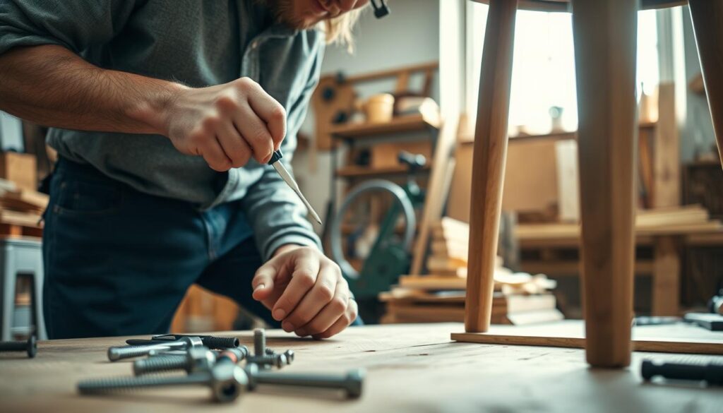 A focused close-up of a skilled carpenter in modest casual clothing, intently fixing loose chair legs with a screwdriver and a wrench in hand. The foreground features the carpentry tools, such as screws, bolts, and a wooden chair with visibly wobbly legs, emphasizing the process of tightening fasteners. In the middle ground, the carpenter demonstrates careful technique, demonstrating a steady hand while adjusting the fasteners. The background shows a well-organized workshop filled with woodworking materials and tools, creating a warm, inviting atmosphere. Soft, natural light streams in from a nearby window, casting gentle shadows, highlighting the craftsmanship and attention to detail in furniture repair. The mood is focused and productive, inspiring a sense of confidence in DIY skills.