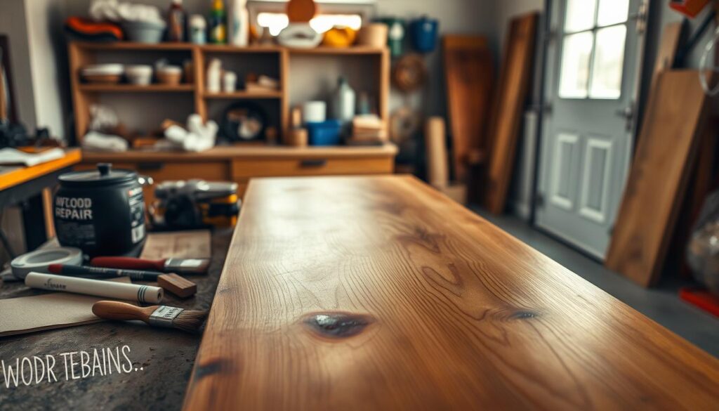 A focused prep area for repairing cigarette burns on a wooden tabletop, featuring a well-organized workbench. In the foreground, tools like sandpaper, wood filler, and a small brush are neatly arranged beside a partially repaired wood tabletop displaying visible burn marks. The middle ground shows a close-up of the wood surface, with the garage's warm lighting highlighting the grain and imperfections. In the background, shelves with various wood repair supplies and a roll of cloth for cleaning are subtly visible. Soft, warm light filters through a small window, creating a calm and industrious atmosphere, with shadows adding depth. The scene conveys a sense of professionalism and care in the preparation process.