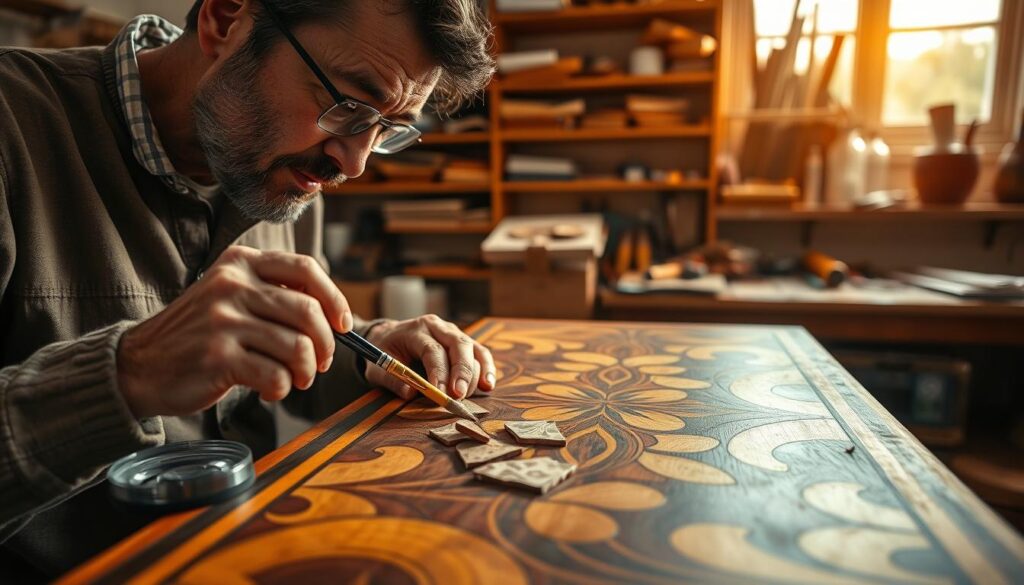 A highly detailed scene of a skilled artisan repairing intricate wood marquetry. In the foreground, a focused craftsman in modest casual clothing uses a small brush to apply clear glue onto delicate veneers, with a magnifying glass nearby to aid precision. The middle ground features a beautifully inlaid wooden surface, showing various rich wood tones and patterns, with a few loose veneer pieces gently lifted, revealing their intricate design. In the background, shelves lined with tools and materials are softly illuminated by warm, natural light streaming through a window. The atmosphere is calm and professional, reflecting dedication and craftsmanship in the art of restoration. Capture a close-up angle that highlights the intricate details and textures of the wood, emphasizing the careful work involved in treatment.