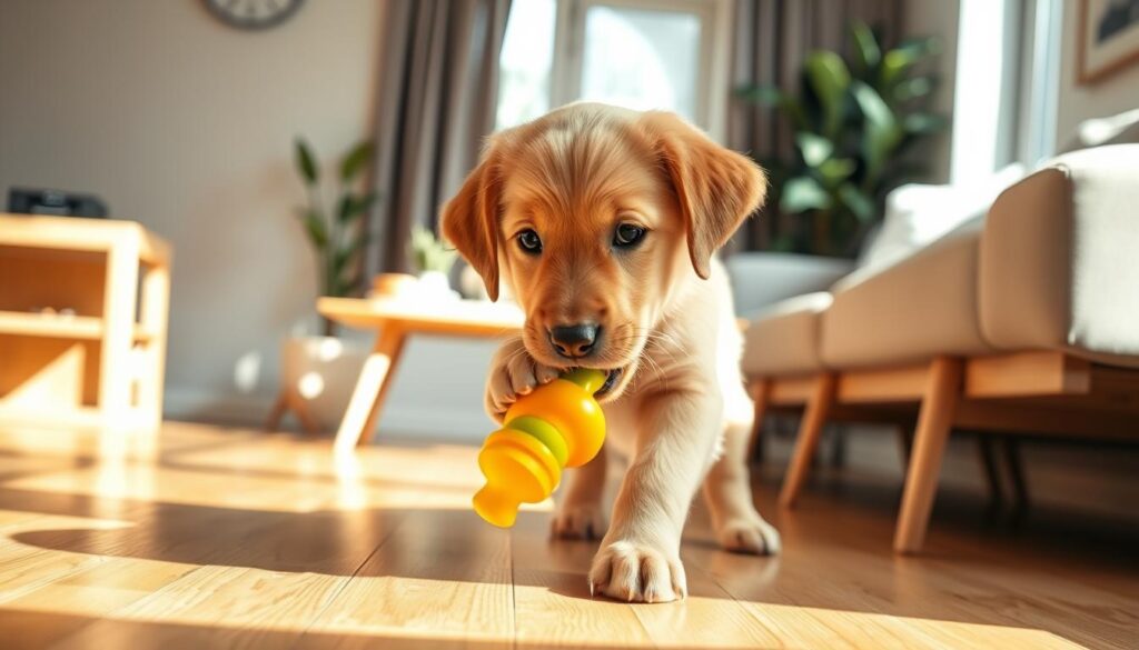 A medium-sized, well-groomed golden retriever puppy is playfully chewing on a bright, colorful rubber toy in a cozy living room setting. The puppy is in the foreground, with its ears perked up and a look of concentration on its face. In the middle ground, the room features a comfortable sofa and a wooden coffee table with a few chew-proof items placed around. Soft natural light streams in through a nearby window, casting gentle shadows on the warm wooden floor. In the background, a minimalistic plant adds a touch of green, enhancing the inviting atmosphere. The mood is lighthearted and encouraging, showcasing positive training techniques in a relaxed home environment. The composition is slightly tilted to create an engaging perspective, emphasizing the puppy's playful demeanor. A medium-sized, well-groomed golden retriever puppy is playfully chewing on a bright, colorful rubber toy in a cozy living room setting. The puppy is in the foreground, with its ears perked up and a look of concentration on its face. In the middle ground, the room features a comfortable sofa and a wooden coffee table with a few chew-proof items placed around. Soft natural light streams in through a nearby window, casting gentle shadows on the warm wooden floor. In the background, a minimalistic plant adds a touch of green, enhancing the inviting atmosphere. The mood is lighthearted and encouraging, showcasing positive training techniques in a relaxed home environment. The composition is slightly tilted to create an engaging perspective, emphasizing the puppy's playful demeanor.