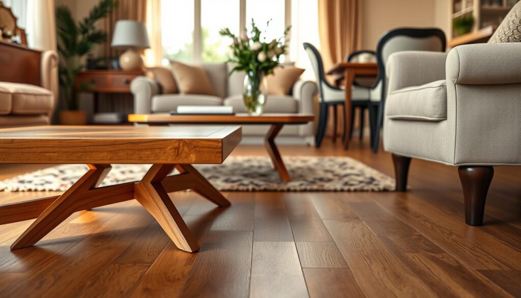 A modern living room featuring various types of furniture, such as a stylish wooden coffee table, a plush sofa with a light fabric, and elegant dining chairs. In the foreground, focus on the furniture bases, showcasing wear and scuff marks from shoes and vacuums, highlighting common issues in busy U.S. homes. The lighting is warm and inviting, enhancing the textures of the wood and fabric, with soft shadows to add depth. The middle ground includes a vase with fresh flowers and a decorative rug, while the background reveals a cozy ambiance with warm tones, suited for family gatherings. Capture a realistic scene, conveying the ongoing wear furniture endures in active households. A modern living room featuring various types of furniture, such as a stylish wooden coffee table, a plush sofa with a light fabric, and elegant dining chairs. In the foreground, focus on the furniture bases, showcasing wear and scuff marks from shoes and vacuums, highlighting common issues in busy U.S. homes. The lighting is warm and inviting, enhancing the textures of the wood and fabric, with soft shadows to add depth. The middle ground includes a vase with fresh flowers and a decorative rug, while the background reveals a cozy ambiance with warm tones, suited for family gatherings. Capture a realistic scene, conveying the ongoing wear furniture endures in active households.