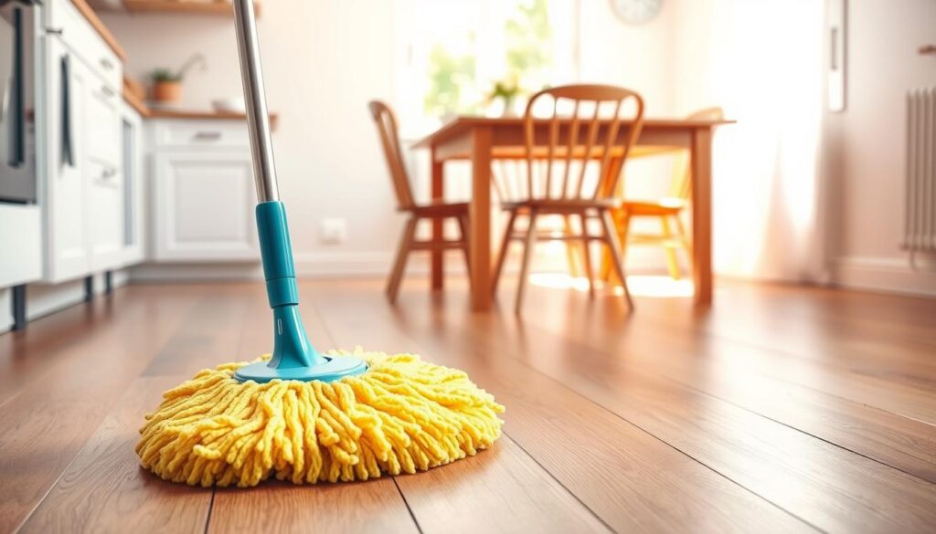 A neatly organized kitchen setting featuring a microfiber mop prominently placed in the foreground. The mop, with its soft, colorful head designed for effective cleaning, is positioned on a polished wooden floor, showcasing its utility for removing pet hair and dust. In the middle ground, a well-maintained wooden table and chairs accentuate the warm environment, surrounded by soft natural lighting filtering through an adjacent window, casting gentle shadows. The background reveals a light and airy kitchen ambiance, with calming pastel colors and clean lines, creating a serene and inviting atmosphere. The composition emphasizes the functionality of the microfiber mop in caring for wooden surfaces, highlighting it as an essential tool for maintaining cleanliness.