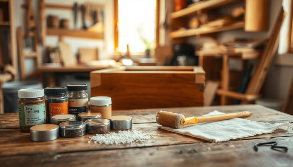 A neatly organized workspace featuring essential wood repair supplies for small-area furniture repair. In the foreground, a well-worn wooden table displays an array of items: various wood stain samples in small containers, a paintbrush, fine-grit sandpaper, a clean cloth, and a pencil for marking. The middle ground consists of partially repaired furniture, showcasing a small area requiring attention, with the grain and texture of the wood visible. The background is softly blurred, revealing a cozy, well-lit workshop with wooden shelves holding additional tools and supplies. Natural light streams in through a nearby window, creating a warm, inviting atmosphere. The image conveys professionalism and meticulous attention to detail, perfect for illustrating the gathering of supplies for furniture repair.