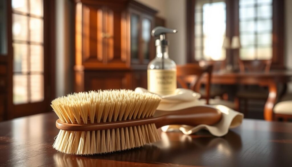 A polished cloth brush designed for cleaning and enhancing the glow of dark walnut and mahogany. In the foreground, the brush features soft, dense bristles with a rich wood handle, gleaming under warm, natural light. The middle ground includes an elegant bottle of furniture polish, hinting at its purpose, with a small cloth resting nearby, ready for use. The background softly blurs a well-furnished environment showcasing dark walnut and mahogany furniture pieces, creating a homely atmosphere. The overall lighting is warm and inviting, emphasizing the beauty of the wood finishes. The composition conveys a sense of care and meticulousness in maintaining furniture, perfect for a cleaning guide. A polished cloth brush designed for cleaning and enhancing the glow of dark walnut and mahogany. In the foreground, the brush features soft, dense bristles with a rich wood handle, gleaming under warm, natural light. The middle ground includes an elegant bottle of furniture polish, hinting at its purpose, with a small cloth resting nearby, ready for use. The background softly blurs a well-furnished environment showcasing dark walnut and mahogany furniture pieces, creating a homely atmosphere. The overall lighting is warm and inviting, emphasizing the beauty of the wood finishes. The composition conveys a sense of care and meticulousness in maintaining furniture, perfect for a cleaning guide.