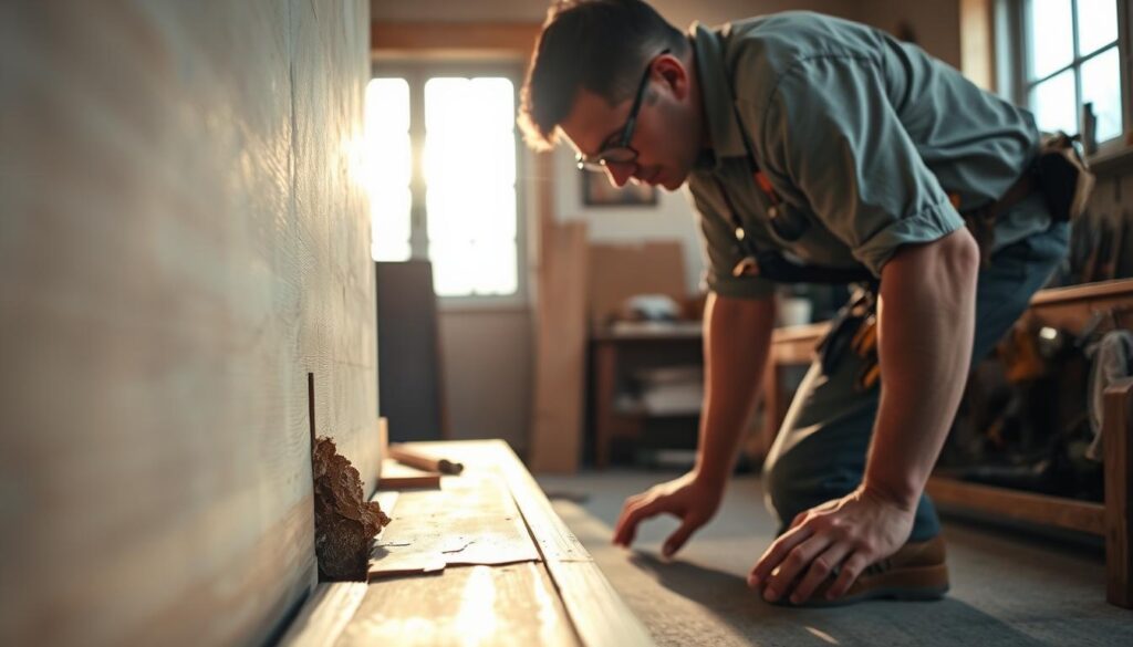 A professional carpenter assessing a damaged area of wood mouldings and trim in a cozy, well-lit room. In the foreground, a focused, responsible carpenter, wearing a tool belt and modest casual clothing, bends down to inspect a broken piece of trim. The middle ground shows the damaged woodwork with splintered edges and cracks, highlighted by soft, warm daylight streaming through a nearby window. The background features a well-organized workshop with tools neatly arranged on a workbench, creating an atmosphere of careful craftsmanship. The lens captures the scene at a slight angle, enhancing the sense of depth. The overall mood is one of diligence and expertise, emphasizing the importance of a thorough assessment before beginning repairs.