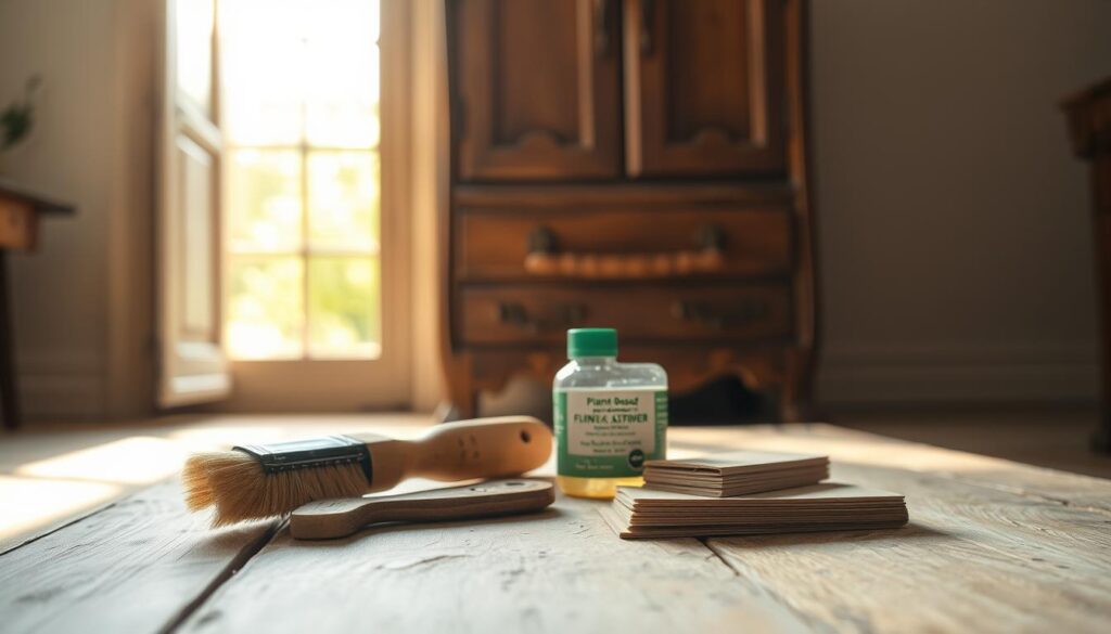 A rustic wooden furniture piece, showcasing intricate carvings and a distressed finish, sits prominently in a softly lit room. The foreground features a close-up view of the furniture’s surface, revealing its natural grain and patina, hinting at layers of past refinishing. In the middle ground, a set of eco-friendly refinishing tools, such as a brush and a container of plant-based chemical stripper, lies neatly arranged beside a small stack of sandpaper. The background includes a faint silhouette of an open window allowing warm, golden sunlight to filter through, creating a serene and inviting atmosphere. Soft shadows emphasize the craftsmanship of the furniture, capturing the balance between tradition and modern refinement. The overall mood is calm and thoughtful, ideal for a discussion about safety in furniture restoration. A rustic wooden furniture piece, showcasing intricate carvings and a distressed finish, sits prominently in a softly lit room. The foreground features a close-up view of the furniture’s surface, revealing its natural grain and patina, hinting at layers of past refinishing. In the middle ground, a set of eco-friendly refinishing tools, such as a brush and a container of plant-based chemical stripper, lies neatly arranged beside a small stack of sandpaper. The background includes a faint silhouette of an open window allowing warm, golden sunlight to filter through, creating a serene and inviting atmosphere. Soft shadows emphasize the craftsmanship of the furniture, capturing the balance between tradition and modern refinement. The overall mood is calm and thoughtful, ideal for a discussion about safety in furniture restoration.