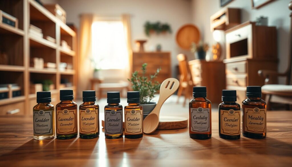 A serene, beautifully arranged workspace featuring an array of essential oils, specifically designed for wood care. In the foreground, several small glass bottles with elegant labels contain a variety of oils, such as lemon, lavender, and cedar wood, each displaying a subtle color variation. A wooden surface, polished to a shine, serves as the base. In the middle, a few natural wooden utensils and a small potted plant add a touch of greenery, emphasizing a natural aesthetic. The background features soft, blurred shelves lined with additional wooden furniture pieces, softly lit by warm, diffused sunlight coming through a nearby window, creating an inviting and tranquil atmosphere. The overall mood is calm and organic, perfect for showcasing the concept of enhancing and maintaining wood with essential oils. A serene, beautifully arranged workspace featuring an array of essential oils, specifically designed for wood care. In the foreground, several small glass bottles with elegant labels contain a variety of oils, such as lemon, lavender, and cedar wood, each displaying a subtle color variation. A wooden surface, polished to a shine, serves as the base. In the middle, a few natural wooden utensils and a small potted plant add a touch of greenery, emphasizing a natural aesthetic. The background features soft, blurred shelves lined with additional wooden furniture pieces, softly lit by warm, diffused sunlight coming through a nearby window, creating an inviting and tranquil atmosphere. The overall mood is calm and organic, perfect for showcasing the concept of enhancing and maintaining wood with essential oils.