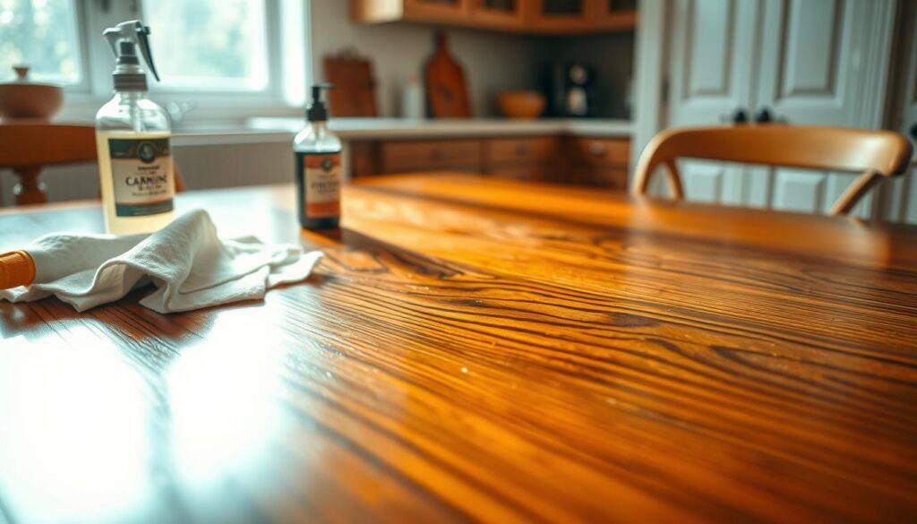 A serene finish area of an antique wood table, showcasing its polished surface reflecting soft, natural light from a nearby window. In the foreground, a delicate microfiber cloth and a bottle of wood conditioner are artfully placed, hinting at the cleaning process. The middle ground features the vivid grain patterns of the table, highlighting the intricate details and rich color variations of the wood. In the background, a subtle, softly blurred kitchen setting with neutral tones enhances the atmosphere of careful preservation. The lighting is warm and inviting, creating a calming ambiance that underscores the importance of protecting the table's finish. The overall mood conveys professionalism and respect for antique craftsmanship.