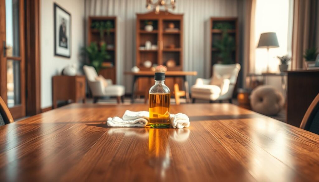 A serene indoor setting showcasing a beautifully polished wooden table in the foreground, reflecting warm light from a nearby window. The center features a bottle of wood treatment oil and a clean, soft cloth, hinting at the dust prevention process. In the middle background, a well-organized workspace with elegant wood furniture is slightly out of focus, illustrating a dust-free environment. Gentle sunlight filters through sheer curtains, creating a soft, inviting atmosphere. The entire scene is captured with a warm color palette, emphasizing the richness of the wood grain, suggesting a sense of care and attention to detail. The composition should convey professionalism and tranquility, making it an ideal visual for tips on maintaining wood surfaces. A serene indoor setting showcasing a beautifully polished wooden table in the foreground, reflecting warm light from a nearby window. The center features a bottle of wood treatment oil and a clean, soft cloth, hinting at the dust prevention process. In the middle background, a well-organized workspace with elegant wood furniture is slightly out of focus, illustrating a dust-free environment. Gentle sunlight filters through sheer curtains, creating a soft, inviting atmosphere. The entire scene is captured with a warm color palette, emphasizing the richness of the wood grain, suggesting a sense of care and attention to detail. The composition should convey professionalism and tranquility, making it an ideal visual for tips on maintaining wood surfaces.