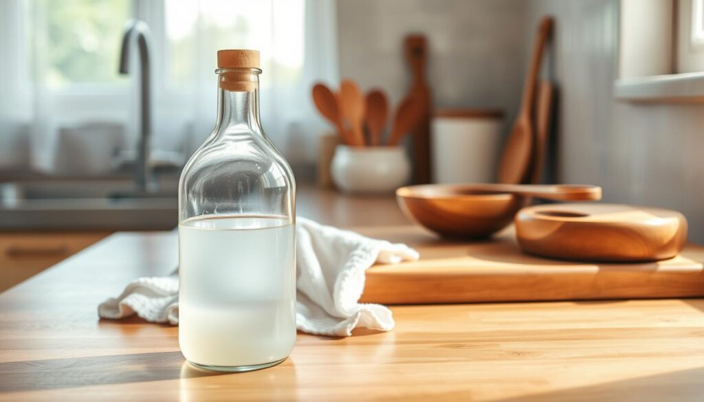 A serene kitchen scene showcasing vinegar as a natural cleaning solution for wood surfaces. In the foreground, an elegant glass bottle of white vinegar, partially filled, is positioned on a polished wooden countertop, highlighting its clarity and natural essence. Next to it, a soft cotton cloth with gentle textures lies beside a wooden cutting board, slightly gleaming from a recent cleaning. In the middle ground, a variety of wooden kitchen utensils—spoons and a small bowl—exude warmth and character. The background features a softly lit window with sheer curtains, letting in natural sunlight that enhances the inviting atmosphere. The overall mood is calm and eco-friendly, emphasizing the safe and effective use of vinegar for caring for wooden surfaces.