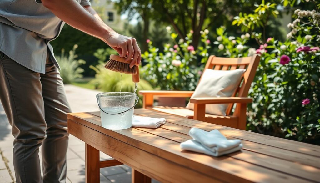 A serene outdoor scene featuring a person gently cleaning teak and cedar furniture on a sunlit patio. In the foreground, the individual, dressed in smart casual attire, is using a soft bristle brush and a bucket of water with a gentle cleaner, showcasing a methodical approach to deep cleaning. The middle ground highlights the beautifully grained wood of the outdoor furniture, glistening from the water, with a couple of clean rags nearby. In the background, lush greenery and blooming flowers provide a tranquil garden atmosphere, while the sunlight filters through the leaves, casting soft shadows. The overall mood is calm and rejuvenating, perfect for springtime maintenance of outdoor spaces. The scene captures the essence of care and attention to detail. A serene outdoor scene featuring a person gently cleaning teak and cedar furniture on a sunlit patio. In the foreground, the individual, dressed in smart casual attire, is using a soft bristle brush and a bucket of water with a gentle cleaner, showcasing a methodical approach to deep cleaning. The middle ground highlights the beautifully grained wood of the outdoor furniture, glistening from the water, with a couple of clean rags nearby. In the background, lush greenery and blooming flowers provide a tranquil garden atmosphere, while the sunlight filters through the leaves, casting soft shadows. The overall mood is calm and rejuvenating, perfect for springtime maintenance of outdoor spaces. The scene captures the essence of care and attention to detail.