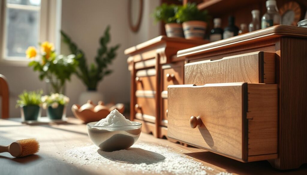 A serene, warmly lit kitchen scene showcasing an elegantly designed wooden dresser with open drawers filled with fresh baking soda. The foreground features a small bowl of baking soda next to a natural bristle brush, hinting at the gentle cleaning method. The middle ground includes the dresser, highlighted by soft sunlight filtering through a nearby window, casting gentle shadows. In the background, potted herbs and a bottle of vinegar hint at DIY cleaning techniques. The atmosphere is inviting and homey, emphasizing the idea of freshening up old wood furniture without damaging it. Focus on a close-up angle that captures the textures of the wood and the powdery baking soda for an engaging visual appeal. A serene, warmly lit kitchen scene showcasing an elegantly designed wooden dresser with open drawers filled with fresh baking soda. The foreground features a small bowl of baking soda next to a natural bristle brush, hinting at the gentle cleaning method. The middle ground includes the dresser, highlighted by soft sunlight filtering through a nearby window, casting gentle shadows. In the background, potted herbs and a bottle of vinegar hint at DIY cleaning techniques. The atmosphere is inviting and homey, emphasizing the idea of freshening up old wood furniture without damaging it. Focus on a close-up angle that captures the textures of the wood and the powdery baking soda for an engaging visual appeal.