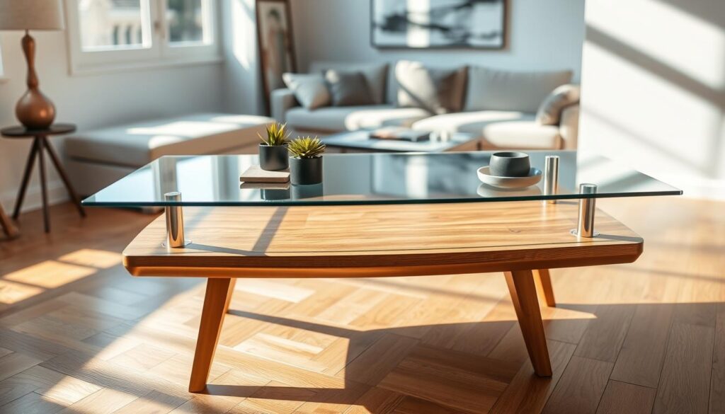 A sleek, modern glass table top resting atop an elegant wooden base, showcasing its clear surface reflecting ambient light. The table is positioned in a well-lit room with sunlight streaming through large windows, casting gentle shadows on the wooden floor. In the foreground, a neatly arranged setting includes minimalistic coasters and a small decorative plant, highlighting the table's functionality. The middle ground focuses on the glossy texture of the glass, emphasizing its clarity and durability, while the background features softly blurred home decor elements like a cozy couch and a tasteful wall painting. The mood is serene and inviting, illustrating the beauty and practicality of glass tops for protecting wood surfaces. Capture the image from a slight angle above to enhance depth and focus on the table's quality. A sleek, modern glass table top resting atop an elegant wooden base, showcasing its clear surface reflecting ambient light. The table is positioned in a well-lit room with sunlight streaming through large windows, casting gentle shadows on the wooden floor. In the foreground, a neatly arranged setting includes minimalistic coasters and a small decorative plant, highlighting the table's functionality. The middle ground focuses on the glossy texture of the glass, emphasizing its clarity and durability, while the background features softly blurred home decor elements like a cozy couch and a tasteful wall painting. The mood is serene and inviting, illustrating the beauty and practicality of glass tops for protecting wood surfaces. Capture the image from a slight angle above to enhance depth and focus on the table's quality.