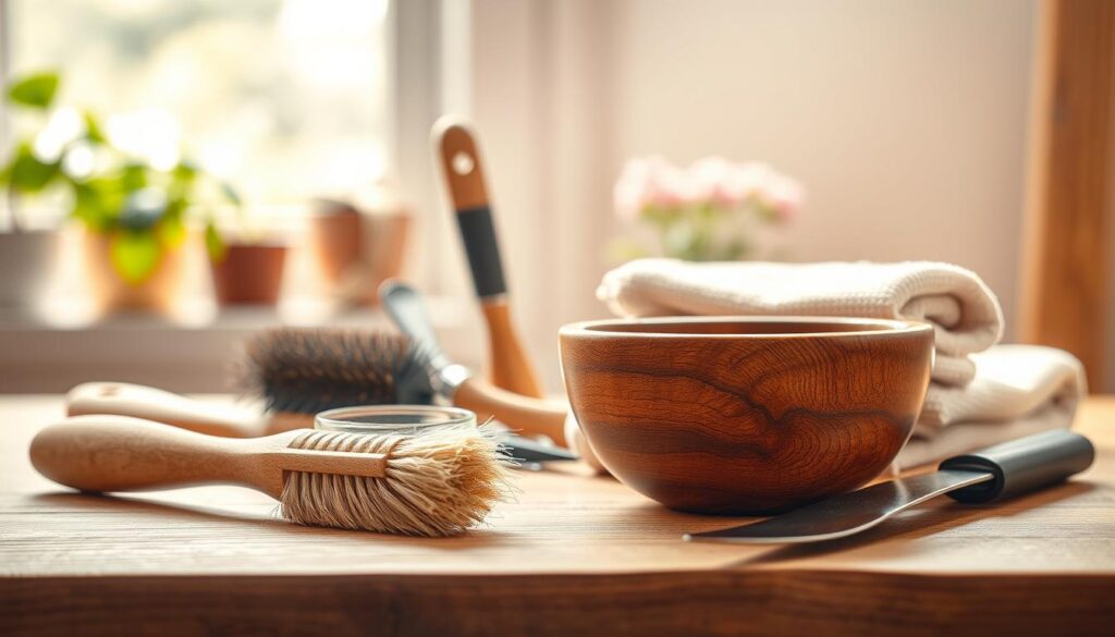 A soft brush and various tools for cleaning open-grain wood surfaces are artfully arranged in a well-lit, serene workspace. In the foreground, a gentle bristle brush made of natural fibers rests beside a small, elegant wooden bowl filled with cleaning solution. The middle ground showcases a steel wire brush, a putty knife, and microfiber cloths in soft pastel colors, all neatly organized. In the background, a sunlit window reveals softly blurred indoor plants, enhancing the atmosphere of freshness and care. The warm, diffused lighting creates a cozy ambiance, while sharp focus highlights the textures of the tools. The scene conveys professionalism and meticulousness, inviting viewers to explore the art of wood cleaning. A soft brush and various tools for cleaning open-grain wood surfaces are artfully arranged in a well-lit, serene workspace. In the foreground, a gentle bristle brush made of natural fibers rests beside a small, elegant wooden bowl filled with cleaning solution. The middle ground showcases a steel wire brush, a putty knife, and microfiber cloths in soft pastel colors, all neatly organized. In the background, a sunlit window reveals softly blurred indoor plants, enhancing the atmosphere of freshness and care. The warm, diffused lighting creates a cozy ambiance, while sharp focus highlights the textures of the tools. The scene conveys professionalism and meticulousness, inviting viewers to explore the art of wood cleaning.