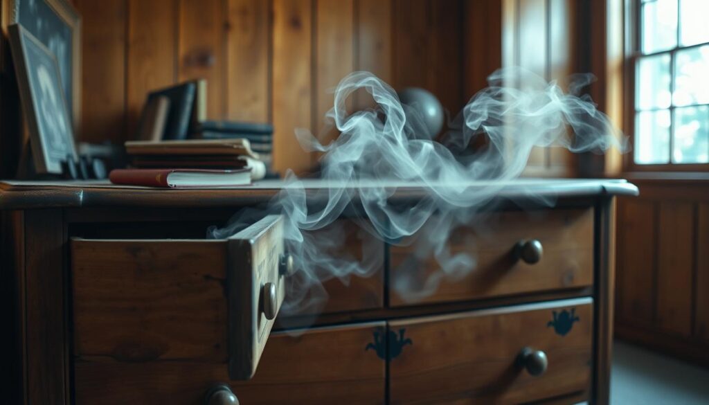 A visually compelling composition illustrating the concept of "old furniture smell." In the foreground, a rustic wooden dresser with slightly open drawers reveals vintage items, such as old books and moth-eaten linens, suggesting age and neglect. The middle ground features a faintly visible swirling mist of dust and odors, represented as soft, ethereal wisps emitting from the drawers, creating a sense of smell. In the background, a softly lit, cozy room with warm wood paneling and a window allowing gentle sunlight to stream in, enhancing the nostalgic atmosphere. Use a soft focus lens to evoke a dreamy quality, emphasizing the contrast between the warmth of the wood and the cooler tones of the mist. The overall mood should be one of nostalgia, urging viewers to reflect on the stories that old furniture holds and the need for renewal. A visually compelling composition illustrating the concept of "old furniture smell." In the foreground, a rustic wooden dresser with slightly open drawers reveals vintage items, such as old books and moth-eaten linens, suggesting age and neglect. The middle ground features a faintly visible swirling mist of dust and odors, represented as soft, ethereal wisps emitting from the drawers, creating a sense of smell. In the background, a softly lit, cozy room with warm wood paneling and a window allowing gentle sunlight to stream in, enhancing the nostalgic atmosphere. Use a soft focus lens to evoke a dreamy quality, emphasizing the contrast between the warmth of the wood and the cooler tones of the mist. The overall mood should be one of nostalgia, urging viewers to reflect on the stories that old furniture holds and the need for renewal.