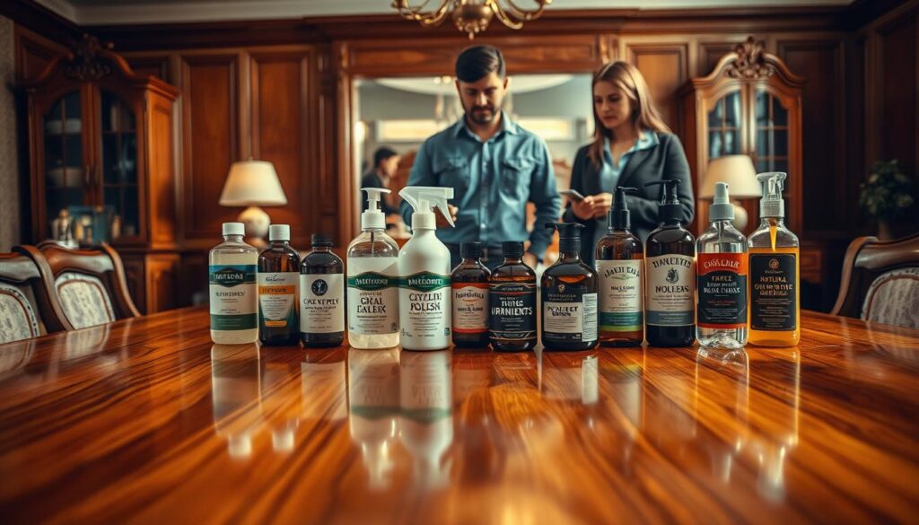 A visually engaging composition capturing the concept of "wood care myths." In the foreground, a polished wooden dining table reflecting warm, golden tones, gently illuminated by soft, diffused light. Placed on the table, several contrasting bottles of furniture polish, some with natural ingredients and others with chemical labels, emphasize the dichotomy of myths and truths. In the middle ground, a pair of professionals in modest, casual clothing examine the products thoughtfully, portraying curiosity and skepticism. The background features elegant wooden furniture settings, enhancing the perception of quality care. The overall atmosphere is educational yet inviting, urging viewers to contemplate the myths surrounding furniture polish. The image should be rich in detail, with natural textures and harmonious colors that evoke a sense of trust in genuine wood care.