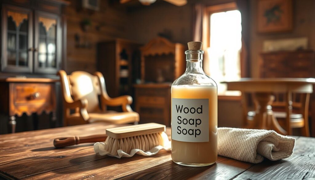 A visually striking image of a wood soap solution, elegantly displayed on a rustic wooden table. In the foreground, a clear glass bottle filled with a pale, creamy liquid labeled "Wood Soap" sits next to a wooden scrub brush and a piece of soft cloth. In the middle ground, a variety of wooden furniture pieces—such as a polished chair and an antique table—are showcased, showcasing the soap's intended use. In the background, warm, natural light filters through a sunlit window, casting gentle shadows and creating a cozy atmosphere. The scene feels inviting and professional, emphasizing cleanliness and care for wooden surfaces, with a focus on the soap’s effectiveness for deep cleaning.