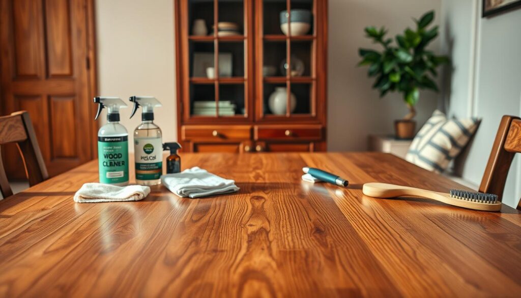 A warm and inviting scene showcasing a beautifully crafted solid wood dining table in the foreground, its rich grain and polished finish reflecting soft, natural light. Scattered around the table are various cleaning supplies, such as an eco-friendly wood cleaner, microfiber cloths, and a gentle scrub brush, neatly arranged for easy access. In the middle background, a stylish wooden cabinet holds decorative items, while a potted plant adds a touch of greenery, contributing to a cozy atmosphere. The lighting is bright and airy, highlighting the textures of the furniture, with a subtle lens focus that draws the viewer's eye to the meticulous detail of the wood grain. The overall mood is serene and organized, suggesting a practical approach to maintaining wooden furniture.