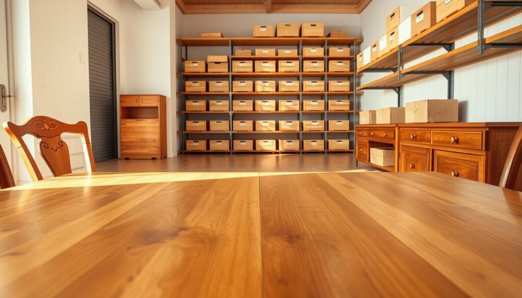 A well-arranged scene showcasing clean wooden furniture in a bright, airy storage unit. In the foreground, a beautifully polished oak dining table, with glistening surfaces that reflect warm natural light. To the side, a set of elegant wooden chairs, their craftsmanship highlighted by soft shadows. In the middle ground, shelves lined with pristine wooden storage containers, neatly labeled, showcasing a sense of order and cleanliness. The background features softly lit, high walls of the storage unit, emphasizing a spacious, organized environment. The overall atmosphere is calm and inviting, suggesting careful care and preparation. Use bright, even lighting and a wide-angle lens to capture the warm tones of the wood while ensuring the storage space appears clean and well-maintained.