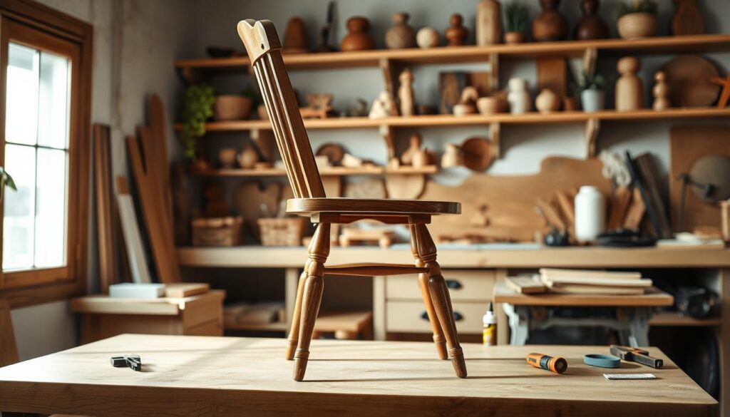 A well-furnished workshop scene featuring a classic wooden chair with visible signs of wobbling; in the foreground, the chair is placed on a clean, polished workbench, showcasing its legs slightly askew. Soft, natural light streams in from a nearby window, casting gentle shadows that highlight the chair's rich wood grain. In the middle ground, an assortment of woodworking tools like clamps, wood glue, and sandpaper are neatly arranged, hinting at repair efforts. The background reveals shelves lined with various wooden objects and a few plants, adding a touch of life to the space. The mood conveys a sense of calm focus, ideal for a hands-on task, inviting viewers to contemplate the process of diagnosing and repairing furniture instability.