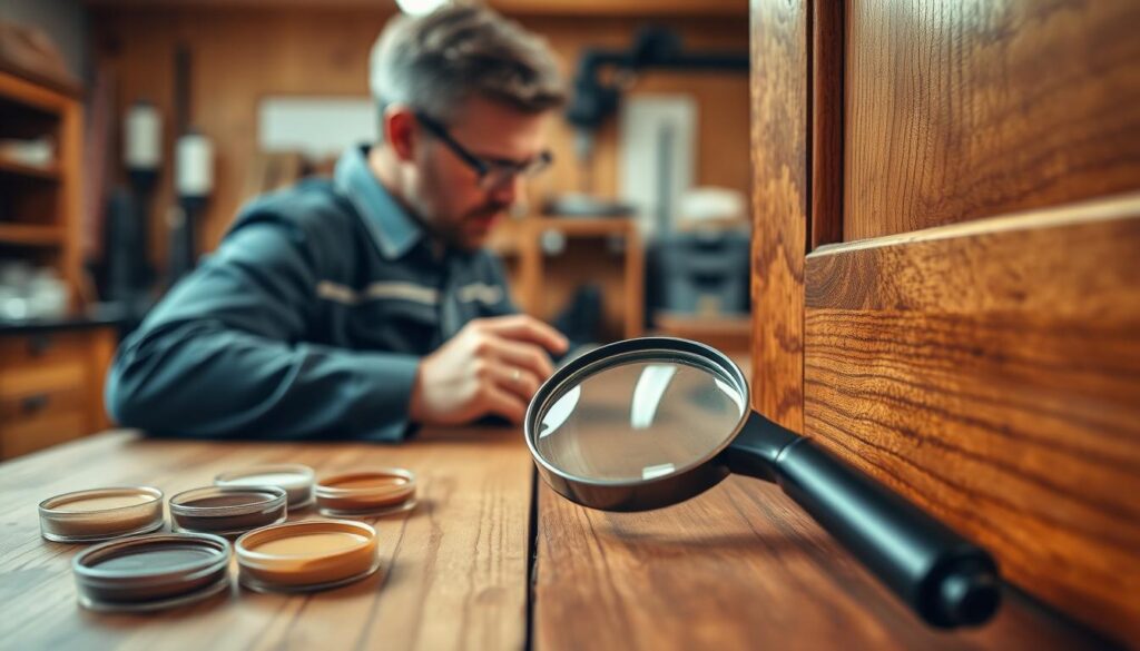 A well-lit, detailed close-up of a wooden furniture piece, showcasing various finishes and textures on its surface. The foreground features a variety of wood finishes—glossy, matte, and satin—displayed in small sampling containers or swatches. A handheld magnifying glass lies next to the wood, indicating an assessment process. In the middle ground, a professional figure dressed in smart casual attire inspects the wood closely, demonstrating care and attention. The background features a softly blurred workshop with warm, natural lighting, accentuating a productive atmosphere. The scene conveys a sense of diligence and expertise, emphasizing the importance of assessing wood finishes before restoration. A well-lit, detailed close-up of a wooden furniture piece, showcasing various finishes and textures on its surface. The foreground features a variety of wood finishes—glossy, matte, and satin—displayed in small sampling containers or swatches. A handheld magnifying glass lies next to the wood, indicating an assessment process. In the middle ground, a professional figure dressed in smart casual attire inspects the wood closely, demonstrating care and attention. The background features a softly blurred workshop with warm, natural lighting, accentuating a productive atmosphere. The scene conveys a sense of diligence and expertise, emphasizing the importance of assessing wood finishes before restoration.