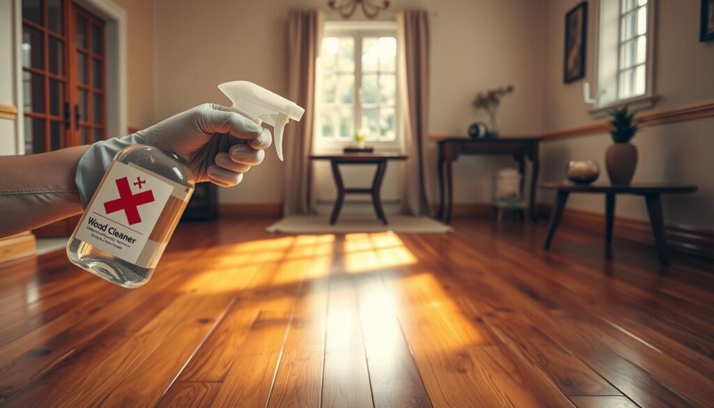 A well-lit, inviting interior showcasing a beautifully polished wooden floor, reflecting warm tones and a rich, glossy finish. In the foreground, a hand, gloved and professional, holds a spray bottle labeled "Wood Cleaner" with a cautionary red cross symbol, poised above a small section of the floor without spraying it. The middle ground features a faint shadow of the cleaner's ingredients on a nearby table, hinting at their potential damage. In the background, soft, natural light streams through a window, illuminating the room and creating a warm, serene atmosphere. The overall mood conveys caution, with an emphasis on the importance of safeguarding wooden surfaces from harmful cleaning products. The composition captures the subject's focus and highlights the significance of avoiding damaging wood cleaners.