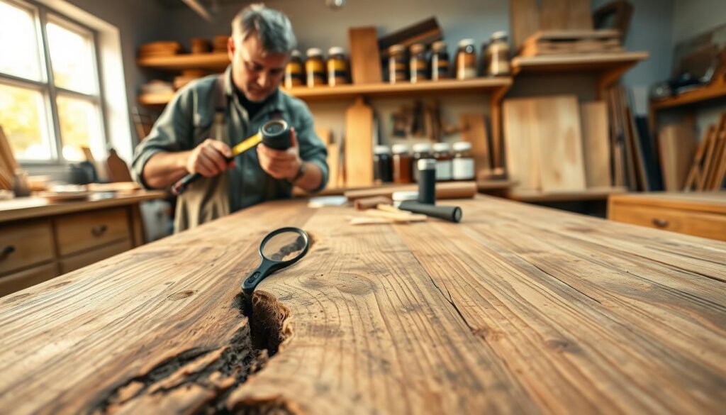 A well-lit workbench in a professional workshop, featuring a close-up perspective of a rustic wood surface with visible deep gouges. In the foreground, an experienced woodworker in modest casual clothing examines the gouges, holding a measuring tape and a magnifying glass, conveying careful assessment. In the middle ground, various tools like burn-in sticks and wood finish samples are neatly arranged, enhancing the focus on restoration techniques. The background reveals shelves filled with jars of wood finishes and polished wood boards, creating a organized yet dynamic atmosphere. Soft, warm lighting highlights the textures of the wood and tools, evoking a professional yet inviting mood, suitable for a woodworking tutorial. A well-lit workbench in a professional workshop, featuring a close-up perspective of a rustic wood surface with visible deep gouges. In the foreground, an experienced woodworker in modest casual clothing examines the gouges, holding a measuring tape and a magnifying glass, conveying careful assessment. In the middle ground, various tools like burn-in sticks and wood finish samples are neatly arranged, enhancing the focus on restoration techniques. The background reveals shelves filled with jars of wood finishes and polished wood boards, creating a organized yet dynamic atmosphere. Soft, warm lighting highlights the textures of the wood and tools, evoking a professional yet inviting mood, suitable for a woodworking tutorial.