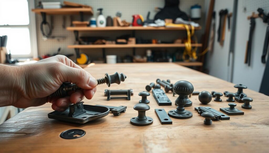 A well-lit workshop scene focused on a sturdy wooden workbench in the foreground, with a close-up of a hand using a screwdriver to carefully remove an old metal drawer handle, highlighting the intricate details of the hardware. In the middle ground, several other pieces of old hardware, including hinges and knobs, are organized neatly on the workbench, conveying a sense of order and preparation. The background features shelves filled with tools, measuring tapes, and a wall with pegboard, creating a practical and industrious atmosphere. Soft, natural lighting streams in from a nearby window, casting gentle shadows and emphasizing the craftsmanship involved in the process of replacing old furniture hardware. The mood is one of focus and diligence, encouraging an efficient workspace.