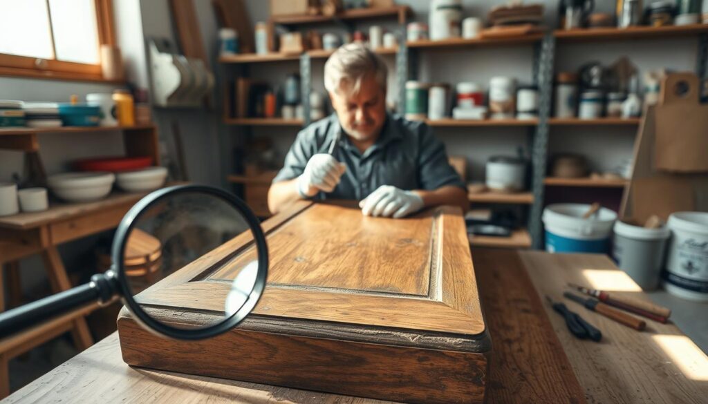 A well-lit workshop scene focused on an antique wooden piece on a workbench, surrounded by tools for assessing furniture finish. In the foreground, a magnifying glass is positioned beside the wood, highlighting intricate details like wood grain and previous layers of paint. In the middle, a skilled, gloved person wearing modest casual clothing examines the surface closely, using a bright light to reveal imperfections. The background features shelves lined with various paint-stripping supplies, creating an organized yet lived-in atmosphere. Natural light streams through a window, casting soft shadows, creating a serene and professional environment that emphasizes the care needed to preserve antique furniture. The overall mood is focused and diligent, conveying the importance of assessment before restoration work begins.