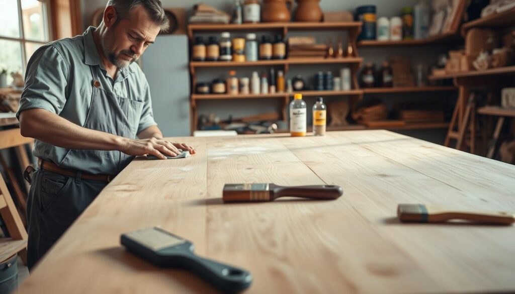 A well-lit workshop scene focusing on a skilled artisan preparing a wooden tabletop for waterproofing. In the foreground, the artisan, dressed in modest casual attire, is using a cloth to wipe away dust from the smooth surface of the table. In the middle, a variety of woodworking tools are neatly arranged, showcasing brushes, sandpaper, and a bottle of wood conditioner. The background features shelves filled with varnishes and various materials, all illuminated by soft, natural light filtering through a window, creating a warm and inviting atmosphere. The overall mood is focused and industrious, emphasizing preparation and care before the waterproofing process begins.