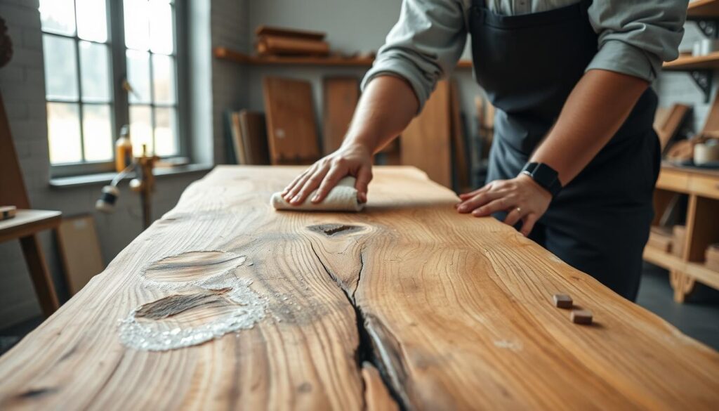 A well-lit workshop setting with natural light streaming through a large window in the background, highlighting a beautifully aged piece of wood on a workbench. In the foreground, a person dressed in professional attire is gently cleaning the wood's surface with a soft, damp cloth, emphasizing a meticulous approach. The wood displays intricate grain patterns that hint at its age, with areas of grime visibly removed to showcase the clean finish. On the workbench, minimalist tools and wood conditioning products are neatly organized, enhancing the atmosphere of careful restoration. The overall mood conveys calm and precision, focusing on the importance of a clean and respectful technique to rejuvenate wood without damaging its finish. A well-lit workshop setting with natural light streaming through a large window in the background, highlighting a beautifully aged piece of wood on a workbench. In the foreground, a person dressed in professional attire is gently cleaning the wood's surface with a soft, damp cloth, emphasizing a meticulous approach. The wood displays intricate grain patterns that hint at its age, with areas of grime visibly removed to showcase the clean finish. On the workbench, minimalist tools and wood conditioning products are neatly organized, enhancing the atmosphere of careful restoration. The overall mood conveys calm and precision, focusing on the importance of a clean and respectful technique to rejuvenate wood without damaging its finish.