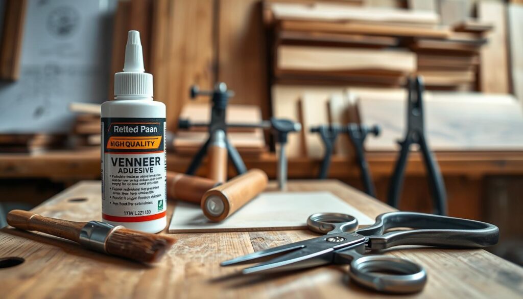 A well-lit workspace showcasing various veneer tools arranged neatly on a wooden workbench. In the foreground, prominently display a high-quality veneer adhesive, a small brush for applying glue, and precision scissors for trimming. In the middle, include a veneer roller and a set of clamps, emphasizing their importance in securing the veneer edges during the repair process. In the background, blurred slightly for depth, show a collection of different wood veneers in various colors and textures. The overall atmosphere should feel warm and inviting, encouraging creativity and craftsmanship. Utilize soft, natural lighting to highlight the textures of the tools and the wood. Aim for a close-up angle that focuses on the tools, making them the clear focal point of the image, creating a sense of organization and readiness for the task at hand.
