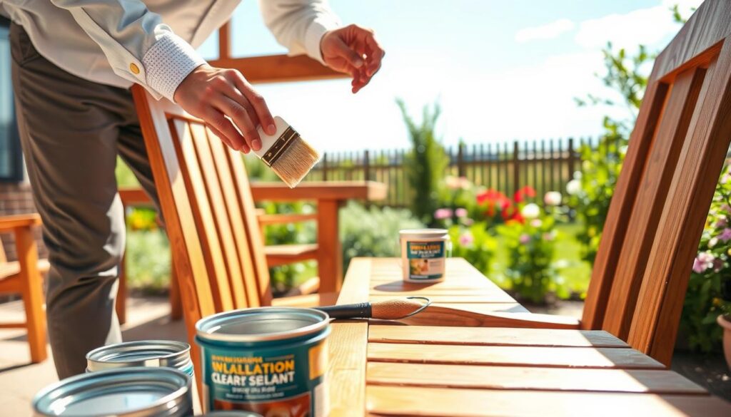 A well-maintained outdoor wood furniture set, including a polished table and chairs, situated on a sunny patio surrounded by greenery. In the foreground, a person in professional casual attire is applying a clear sealant, using a brush to ensure even coverage on a wooden chair. The middle ground features a few open containers of sealant and tools like brushes and rollers, hinting at a DIY maintenance project. The background includes a vibrant garden with blooming flowers and a distant fence under a bright blue sky, creating an inviting atmosphere. Soft, warm natural lighting highlights the textures of the wood and the sheen of the wet sealant, ensuring a clean, professional, and serene mood suitable for an informative article.