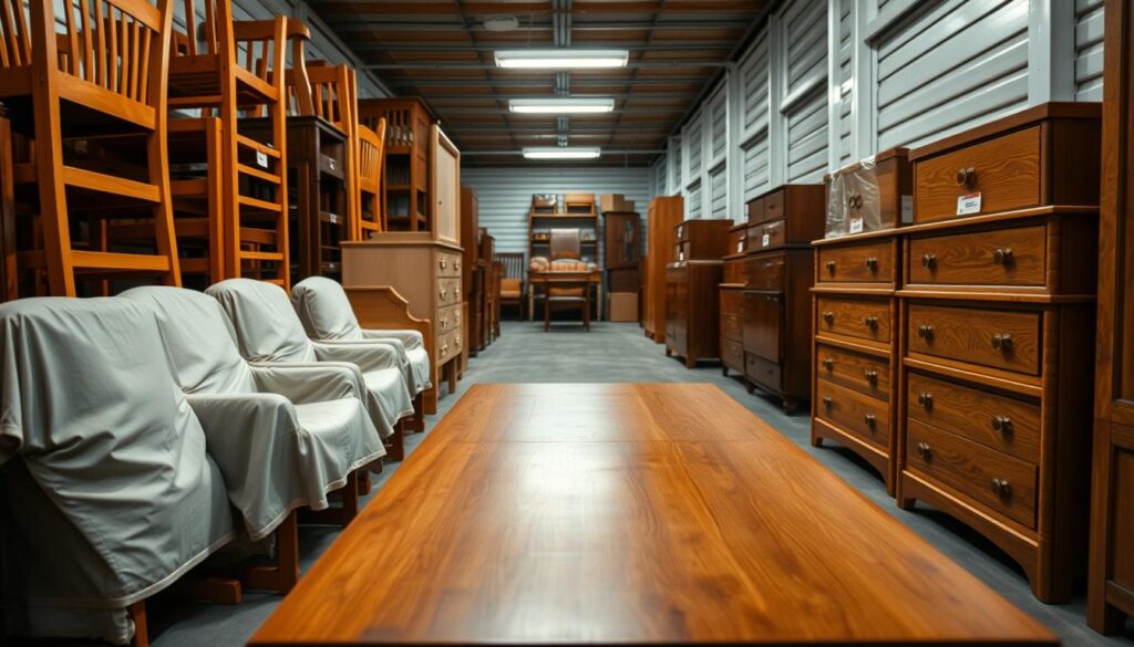 A well-organized storage unit interior, featuring neatly stacked wooden furniture, such as chairs, tables, and dressers, arranged methodically to showcase thoughtful storage techniques. In the foreground, a polished wooden table stands prominently, with protective covers draped over its corners. The middle of the storage unit displays a variety of furniture, each labeled for easy identification. In the background, the unit's walls are lined with additional furniture pieces and boxes, emphasizing proper organization. Soft, diffused lighting casts a warm glow, enhancing the rich textures of the wood while minimizing harsh shadows. The angle is slightly elevated, allowing a comprehensive view of the unit's contents, creating a calm and inviting atmosphere that reflects care and professionalism in furniture storage.
