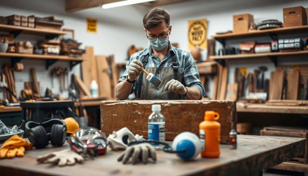 A well-organized workshop scene focused on safety while stripping paint from antique wood. In the foreground, a sturdy workbench is cluttered with safety tools: gloves, goggles, and a mask, neatly arranged. In the middle, an antique wooden piece shows layers of peeling paint, with paint stripper bottles nearby, all under a bright workshop light. A person, dressed in professional casual attire, carefully applies a paint stripper with a brush, demonstrating proper technique while wearing protective equipment. The background features shelves filled with woodworking tools and safety signage, emphasizing a professional, organized environment. The mood is focused and diligent, conveying a sense of responsibility and caution. The lighting is bright and even, with a slight soft focus to enhance the central elements of the image.
