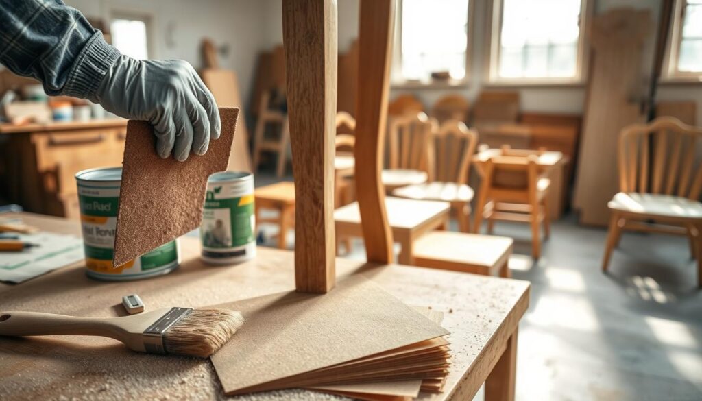 A well-organized workshop scene focusing on paint preparation for wood furniture. In the foreground, a neatly arranged workbench is covered with sandpaper sheets of various grits, a paintbrush, and a can of wood primer. A close-up shows a hand, wearing a protective glove, holding a piece of sandpaper against a wooden chair leg. The middle ground features an assortment of freshly sanded wooden furniture pieces, showcasing smooth surfaces ready for painting. The background reveals a bright, well-lit space with large windows allowing natural light to flood in, highlighting the dust particles in the air. The atmosphere is calm and productive, conveying the essence of meticulous craftsmanship. Use soft lighting for a warm, inviting feel, captured with a slightly angled perspective to enhance depth.