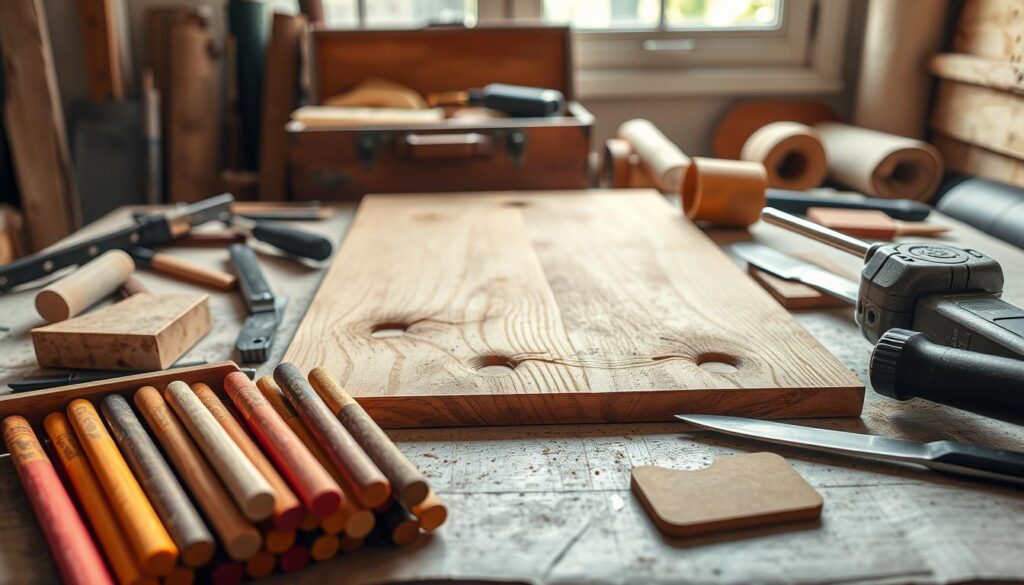 A well-organized workspace featuring a variety of tools and materials required for burn-in stick repair of wooden surfaces. In the foreground, display a set of burn-in sticks in several colors, along with a heat source, such as a small torch or a soldering iron. Include a chisel, sanding block, and a putty knife for context. In the middle, showcase a wooden surface with visible deep gouges, highlighting areas ready for repair. In the background, a neatly arranged toolbox and a roll of sandpaper can be seen. Natural light filters in from a nearby window, creating a warm, inviting atmosphere. The composition should exude a sense of craftsmanship and attention to detail, capturing the essence of woodworking repairs. A well-organized workspace featuring a variety of tools and materials required for burn-in stick repair of wooden surfaces. In the foreground, display a set of burn-in sticks in several colors, along with a heat source, such as a small torch or a soldering iron. Include a chisel, sanding block, and a putty knife for context. In the middle, showcase a wooden surface with visible deep gouges, highlighting areas ready for repair. In the background, a neatly arranged toolbox and a roll of sandpaper can be seen. Natural light filters in from a nearby window, creating a warm, inviting atmosphere. The composition should exude a sense of craftsmanship and attention to detail, capturing the essence of woodworking repairs.
